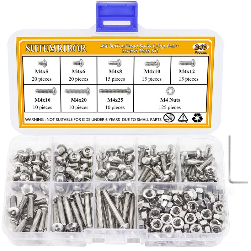 Sutemribor 240 Pieces M4 Stainless Steel Button Head Hex Socket Head Cap Bolts Screws Nuts Assortment Kit + Wrench - Image 1